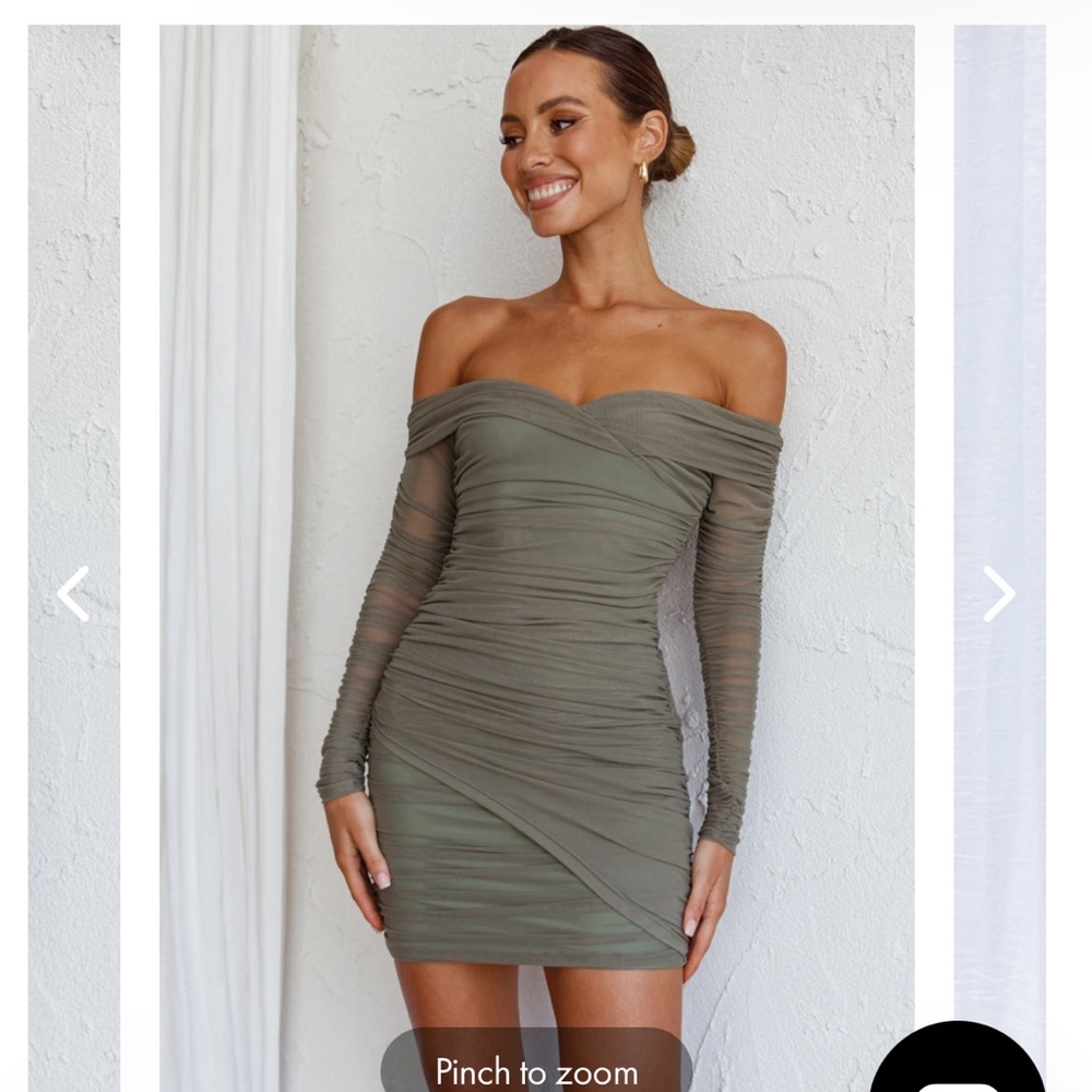 Selfie leslie. Sexy, ruched, off shoulder olive dress.